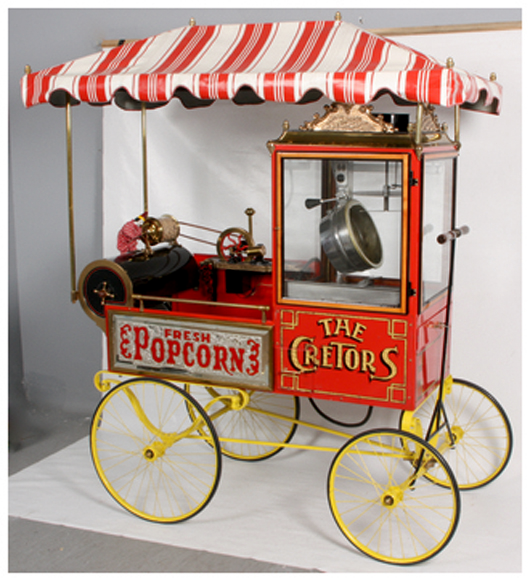Fully restored 1894 popcorn and peanut wagon made by C. Cretors & Co. of Chicago, $14,950. Image courtesy of Fontaine’s Auction Gallery.
